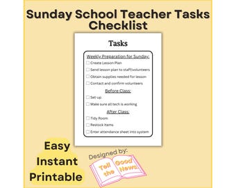 Sunday School Teacher Tasks Checklist | Church Kids Children's Ministry Form | Bible School | Instant Download, Printable