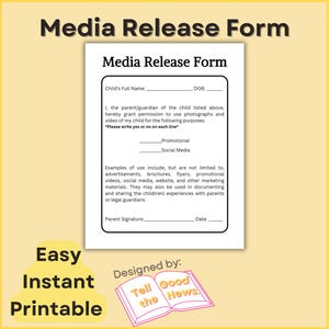 Media Release Form | Photo Social Media Release | Kids School, Church, Events, Sports, Photography, Camps, Ministry | Instant Printable