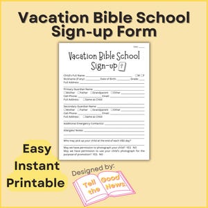 Formulaire d'inscription à l'école biblique de vacances | Formulaire d'inscription VBS | Enfants de l'église et ministère auprès des enfants | Imprimable facilement et instantanément