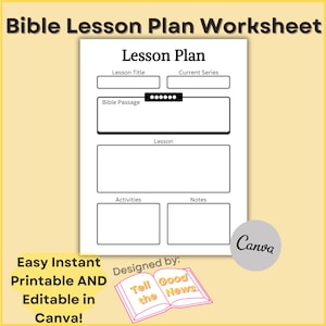 Bible Lesson Plan Worksheet | For Church Ministry, Christian and Sunday School Teachers | Editable in Canva, Instant Download, Printable