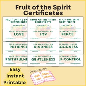 Fruit of the Spirit Certificates | Church Ministry Awards | Sunday School Recognition Certificates | Teacher Student End of Year Awards