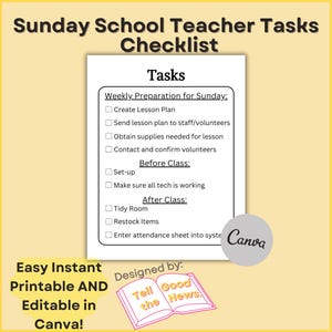 Sunday School Teacher Tasks Checklist | Church Ministry Form | Bible School | Editable in Canva, Instant Download, Printable