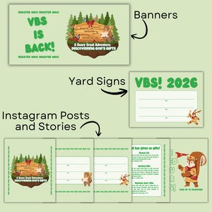 Puede incluir: Material promocional para un evento de Escuela B&iacute;blica de Vacaciones (EBV). La imagen incluye pancartas, letreros de jard&iacute;n y publicaciones de Instagram con el texto "VBS IS BACK!" y "A Beary Great Adventure: Discovering God's Gifts."