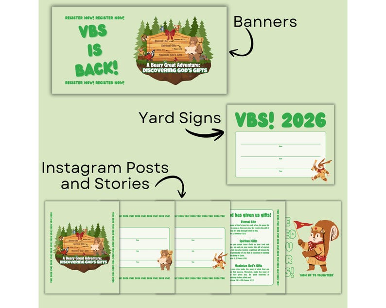 Puede incluir: Material promocional para un evento de Escuela B&iacute;blica de Vacaciones (EBV). La imagen incluye pancartas, letreros de jard&iacute;n y publicaciones de Instagram con el texto "VBS IS BACK!" y "A Beary Great Adventure: Discovering God's Gifts."