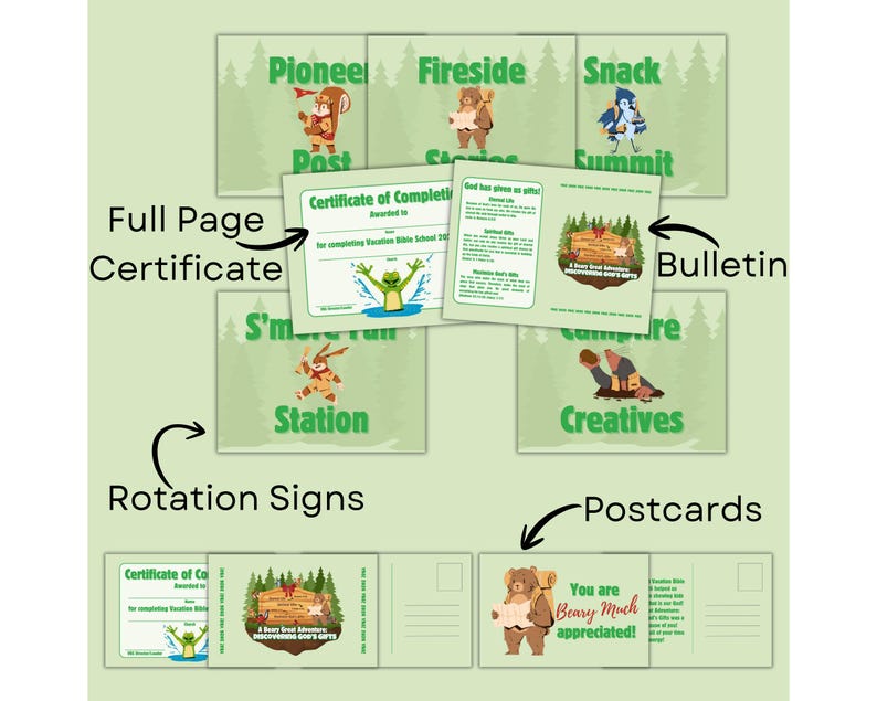 Puede incluir: Una colecci&oacute;n de materiales verdes y blancos para la Escuela B&iacute;blica de Vacaciones, que incluye certificados, boletines, letreros de rotaci&oacute;n y postales. Los dise&ntilde;os presentan animales de dibujos animados y texto como "Pioneer Post" y "Snack Summit".