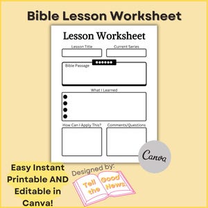 Bible Lesson Worksheet | Sunday School Student | For Christian School, Bible School | Editable in Canva,  Instant Download, Printable