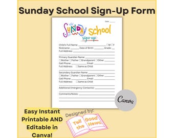 Formulario de inscripción para la escuela dominical / Ministerio infantil, folleto de la iglesia del ministerio infantil / Descarga instantánea, editable en Canva, imprimible