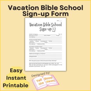 Formulario de inscripción para la Escuela Bíblica de Vacaciones / Hoja de registro para la Escuela Bíblica de Vacaciones / Ministerio para Niños y Niñas de la Iglesia / Fácil de imprimir al instante