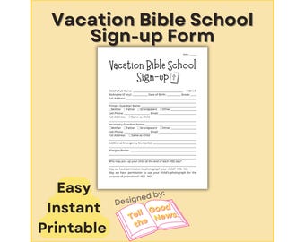 Urlaubs Bibelschule Melde-Up Form | VBS Meldebogen Blatt | Kirche Kinder und Kinder Dienst | Einfach sofort bedruckbar