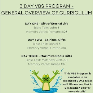 Puede incluir: Un folleto verde claro con el texto "PROGRAMA VBS DE 3 D&Iacute;AS - VISI&Oacute;N GENERAL DEL CURR&Iacute;CULUM." El folleto enumera el plan de estudios para tres d&iacute;as, incluidos textos b&iacute;blicos y vers&iacute;culos para memorizar. Un dibujo de una rana est&aacute; en la parte inferior.