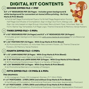 Puede incluir: Lista de contenido del kit digital con una ardilla de dibujos animados sosteniendo una bandera. Incluye archivos PDF y gr&aacute;ficos PNG para folletos promocionales, carteles, letreros de c&eacute;sped, pancartas y publicaciones en redes sociales. Recursos para impresi&oacute;n.