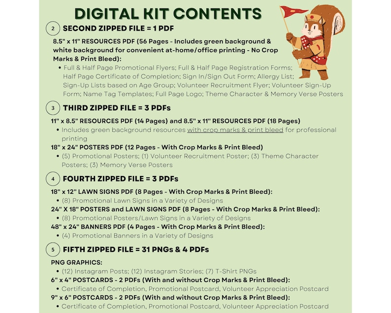 Puede incluir: Lista de contenido del kit digital con una ardilla de dibujos animados sosteniendo una bandera. Incluye archivos PDF y gr&aacute;ficos PNG para folletos promocionales, carteles, letreros de c&eacute;sped, pancartas y publicaciones en redes sociales. Recursos para impresi&oacute;n.