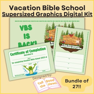 Kit de gráficos superdimensionados para escola bíblica de férias | Cartazes, cartões postais, placas de calçada, faixas, cenário, logotipo da VBS 2025 | Download digital