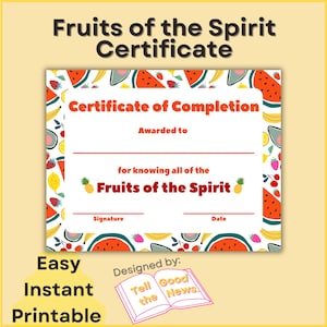 Może przedstawiać: Certyfikat z owocową obwódką z arbuzem, truskawkami, bananami i cytrynami. Certyfikat zawiera napis "Certyfikat ukończenia" i "Owoce Ducha". Widoczne są również słowa "Łatwy, natychmiastowy do wydrukowania".