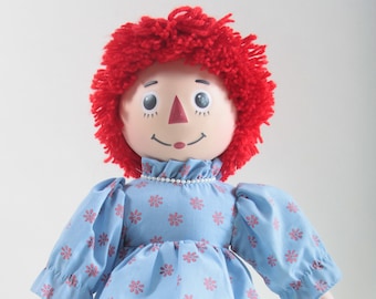 Vintage Raggedy Ann Doll Ceramic Limbs Blue Dress Red Flowers Red Yarn Hair Soft Body Black Shoes Plastic Head Painted Face ~ 20-01-608