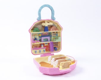 Polly Pocket, Pink, Toy Dollhouse, Horses, Farm, Pub, Folding Playcase, Blue Handle, Movable Details, Vintage, Collection ~ 20-14-477 BB