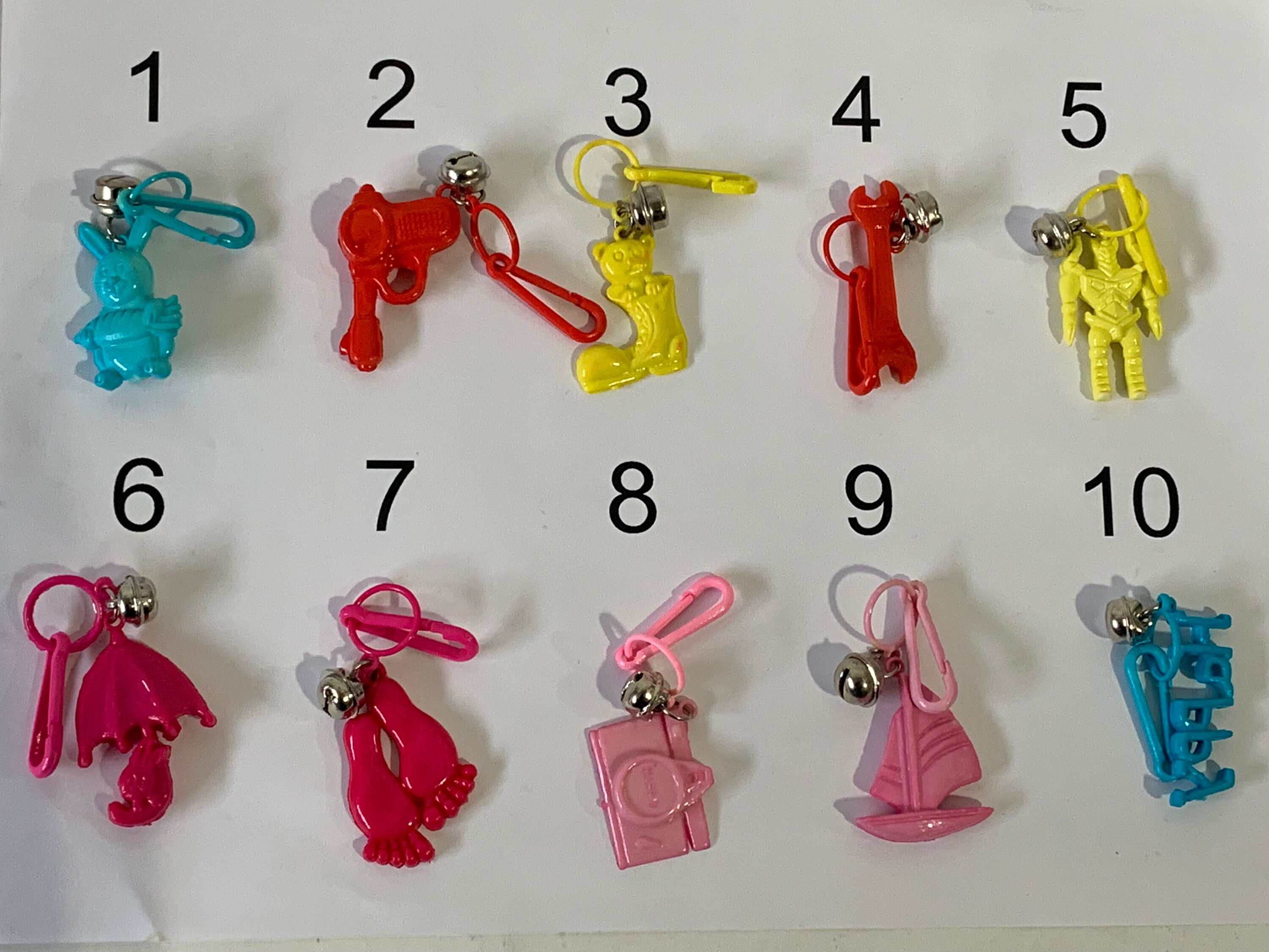 1980's Plastic Charm Necklace VINTAGE -17 Clip & Bell Charms
