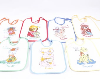 Daus if the Week, Days, Baby Bib, Set, Cute Animals, White, Children, Vintage, Collection, Photo Prop ~ 20-01-642