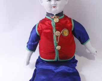 Vintage Porcelain Chinese Male Doll wearing Red Blue Clothing and a Pocket Watch, 14" Figure, Collectible, ~ 240326-WH M-15-07