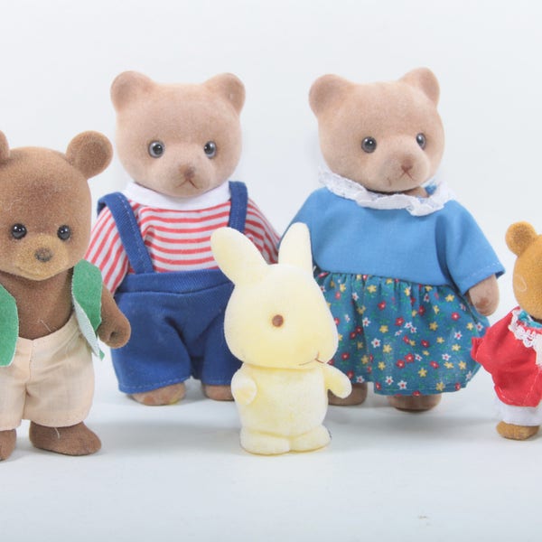 Bear Family, Sylvanian Families, Toys, Animal, Figures, Plastic, Soft Surface, Dressed, Parents, Kids, Maple Town, 1980's Flocked ~ 161109