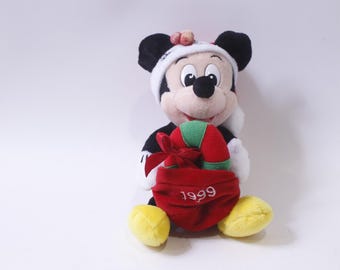 1999, Disney Store, Disney World, Santa, Mickey, Beanie, Flaw, Small Plush, Vintage, Stuffed Animal, Soft, Toy, , 250303-WH 41
