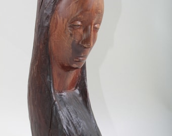 Hand Carved Madonna Sad Woman Woman's Head Wooden Statuette Figure Sculpture Home Interior Decor, , Vintage ~ 20-01-594