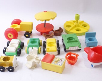 Fisher-Price, Little People, Toy Vehicles and Furniture Set, Cars, Tractor, Plane, Chairs, Patio Table, Carousel, Vintage, ~ 240401-WH 899