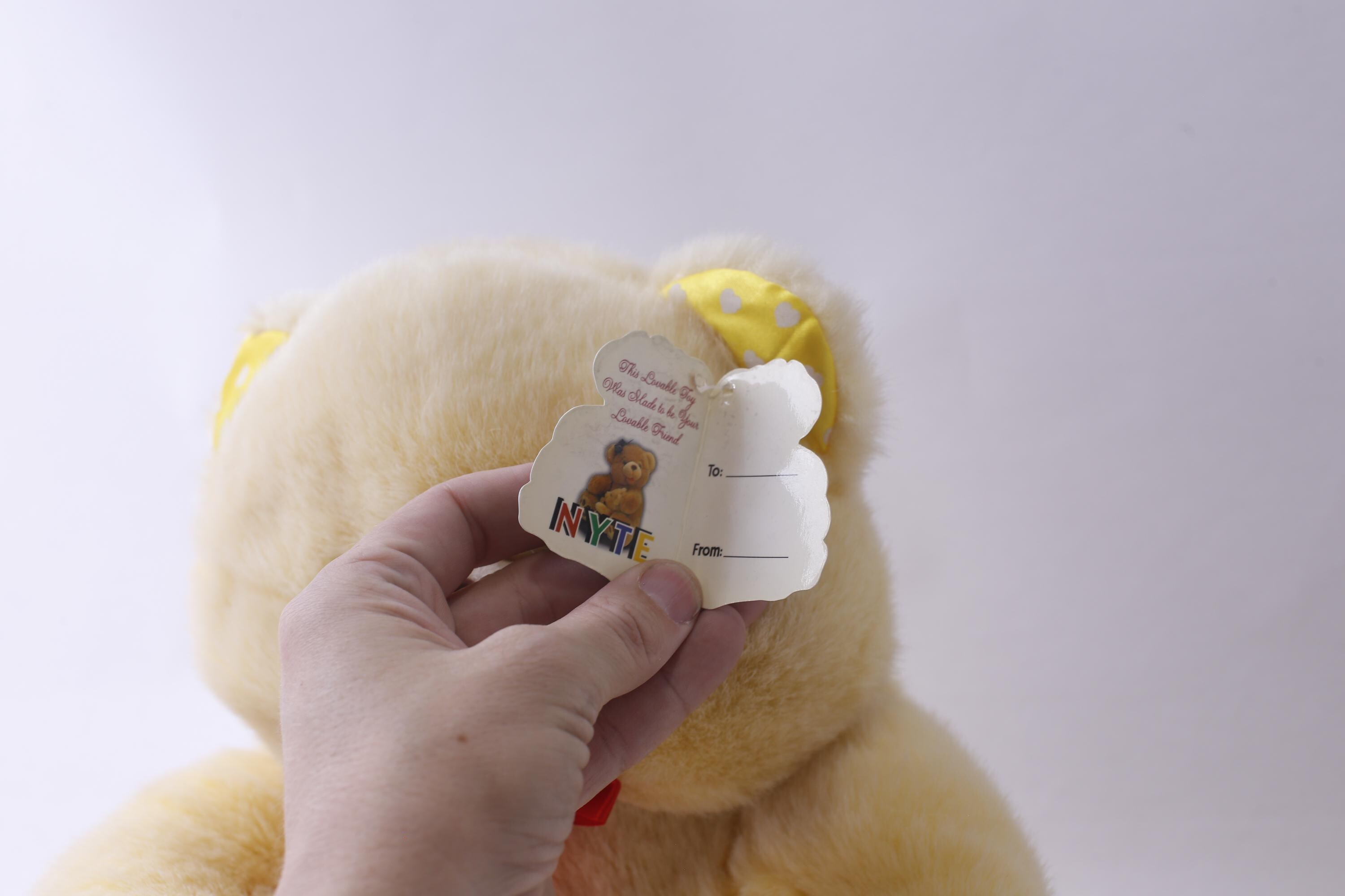 1980s With Tag Cute Yellow Teddy Bear Wearing Red Bow Tie, NYTE