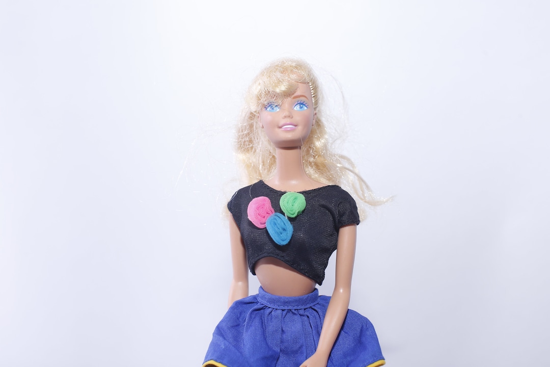 Mattel Barbie Doll Straight Arms Black Floral Top Blue Skirt mattel-barbie-doll-straight-arms-black-floral-top-blue-skirt