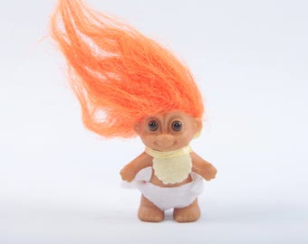 Super Cute, Vintage Russ Troll Baby, Orange Hair, Collectible, Bib, Diaper, 2 Inches ~  20-13-439