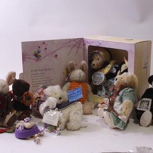 Può includere: Una collezione di orsacchiotti e coniglietti di peluche, alcuni in scatole, con vari abiti e accessori. Un orso indossa una tuta spaziale, e un altro indossa un cappotto e un cappello neri. È visibile una carta con il testo "Little Miss Molly".
