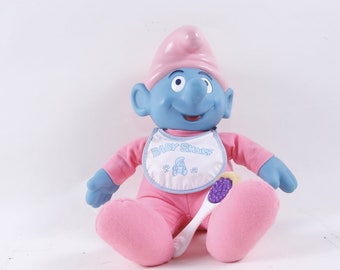 Baby Smurf, PEYO, 1996, Doll, Toy, Pink Costume, Bib, Spoon, Plastic Figure, Children, Vintage, Collection ~ 20-01-946