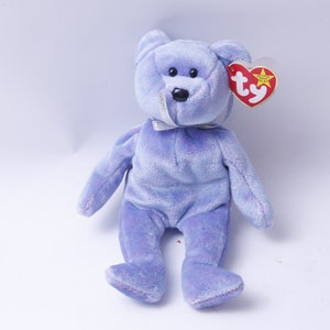 Beanie Babies, Clubby II, Purple Bear, Silver Ribbon Necklace, 9", Soft, Plush, Toy, Figure, Vintage Plush, 1999,Stuffed Animal, ~ 20-01-386
