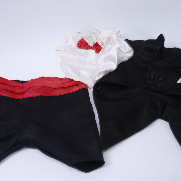 Teddy Ruxpin Black Tuxedo, White Shirt, Red Belt, Red Tie Bow, Suit, Doll Clothing, Doll Accessory, Doll Making, Toy, Vintage, ~ 20-01-507