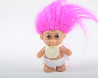 Baby Troll Doll, Russ, Vintage, Toy, Pink Hair, Brown Eyes, White Diaper, Yellow Bib, Plastic, Figurine, Miniature ~ 442  M-01-02