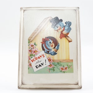 Imagen del día de hoy Marco vintage Pájaros felices de los años 60 Pareja Diseño Decoración Foto Prop Tarjeta de felicitación vintage ~ 20-01-903