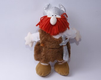 Viking, Plush Doll, 12", Soft Body, Helmet with Horns, Red Beard, Sword, Brown Outfit, Toy, Vintage, Collectible, ~ 20-01-767