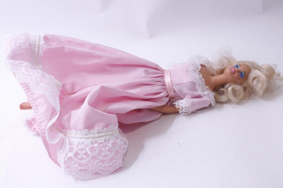Late 1980s Barbie Doll Wearing Pink Gown With White Lace, Mattel