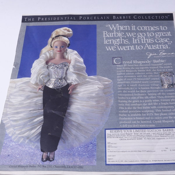 The Presidental Porcelain Barbie, Crystal Rhapsody Barbie, Mattel, Doll, Ad, Advertisement, Print, Vintage, Photo Prop, ~ 20-01-189 AA