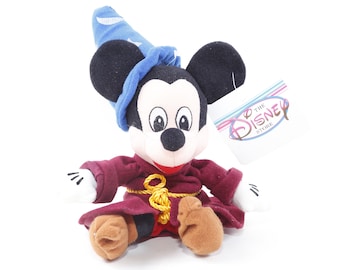 Vintage Disney Mickey Mouse Wizard Soft Fantasia Beanie peluche poupée costume rouge chapeau bleu peluche vintage, animal en peluche ~ 20-19-659