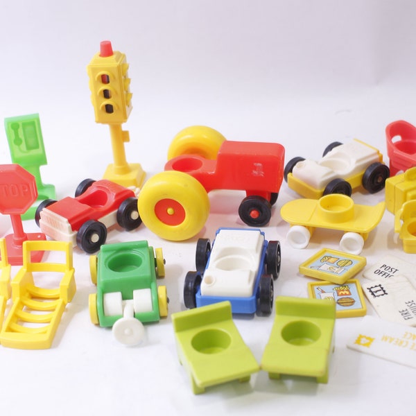 Fisher-Price, Little People, Toy Furniture Set, Chairs, Payphone, Lawn Chair, Skateboard, Food Trays, Vintage, ~ 240401-WH 907