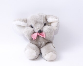 Stuffed Animal Mouse, 6", Gray, Plush, Soft, Toy, Figure, Red Tie Bow, Vintage Plush, Stuffed Animal, ~ 20-01-694
