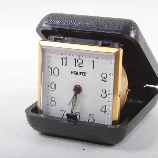 Equity Alarm Clock Vintage Folding Black Case Analog Watch Golden Frame Big Numbers Green Hands Portable ~ The Pink Room ~ 20-01-129