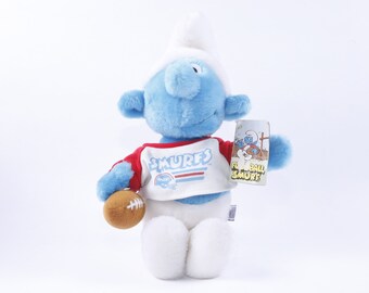 Peyo, Football Smurf, Plush, Soft, Doll, Blue White, Children, Vintage, Collection, Vintage Plush, Stuffed Animal ~ 20-01-184 BB