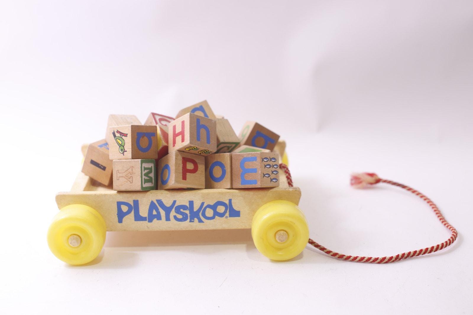 Playskool, Wooden Wagon With Alphabet Blocks, Pull Toy, Activity