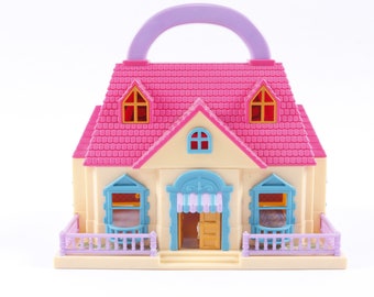 Bluebird Polly Pocket, Toy Dollhouse, Toy Holder, Yellow Purple, Handle, Two Floors, Folding Playcase, Vintage, Collection ~ 20-12-406