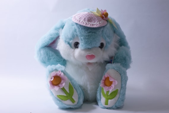 LARGE Blue Easter Bunny Plush, Pink Floral Hat, Flowers on Feet