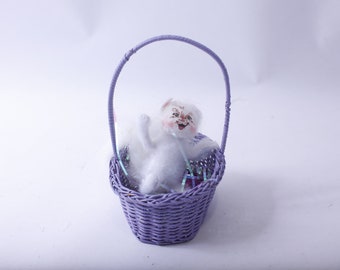 Annalee Dolls, White Cat in a Purple Basket, Soft Toy, Easter, Holiday Decor, Adorable, Stuffed Animal, ~ 240110-DIAF 784