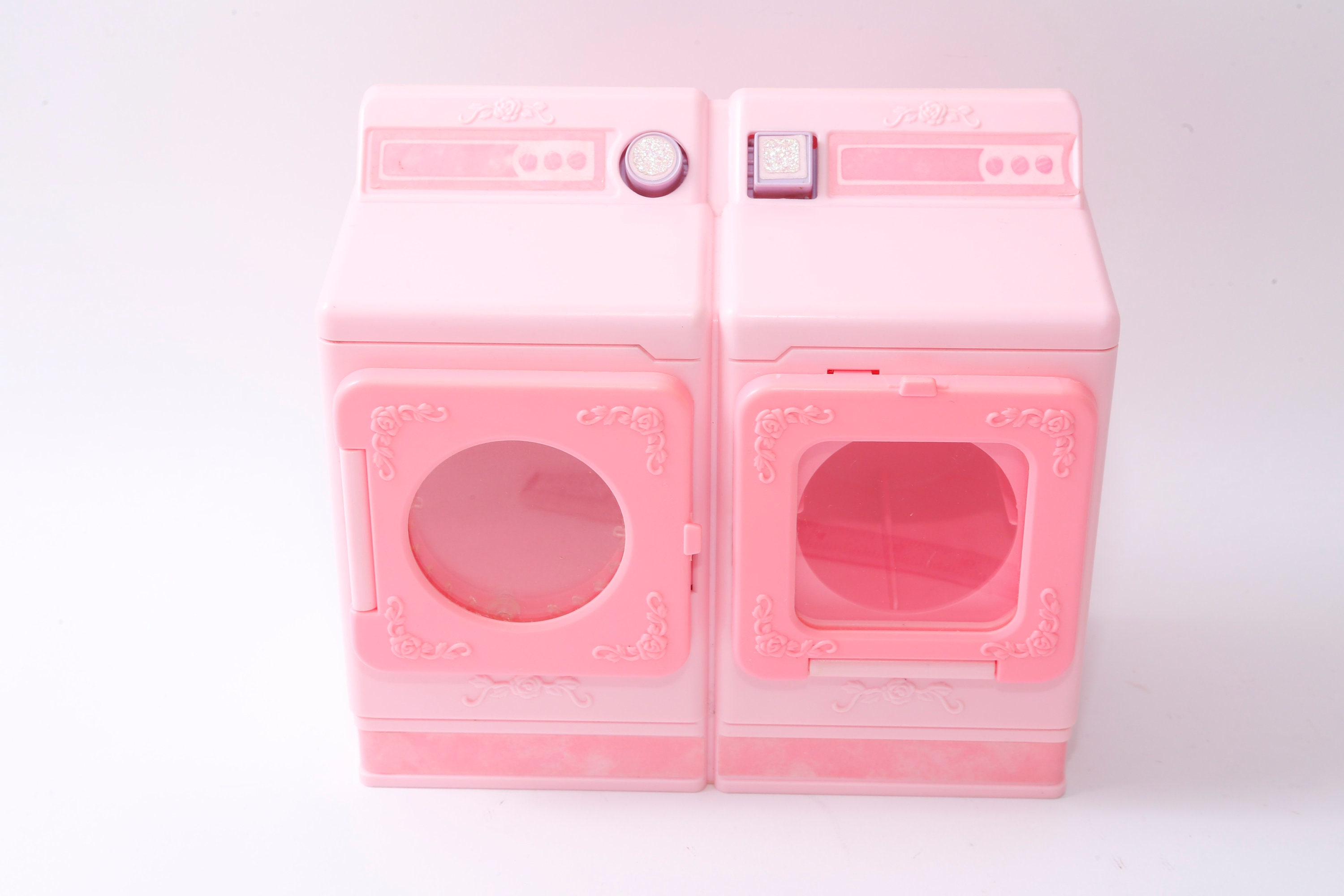 Vintage, Barbie, washer and dryer set, Mattel, 1990, made in Mexico, pink,  battery operated, doll house, 20–01-706
