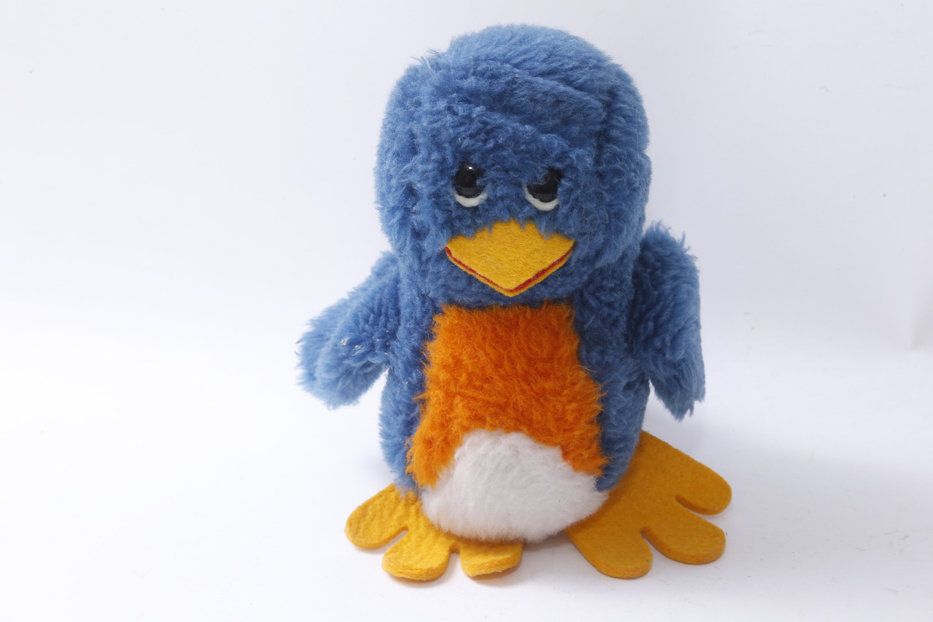 70 年代の鳥、青、黄色のくちばし、ビンテージ ぬいぐるみ、柔らかい